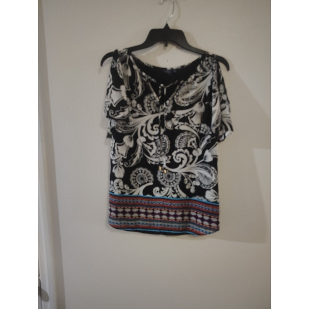 Kaari Blue Womens Black White‎ Paisley Cold Shoulder Tie Neck Blouse Small